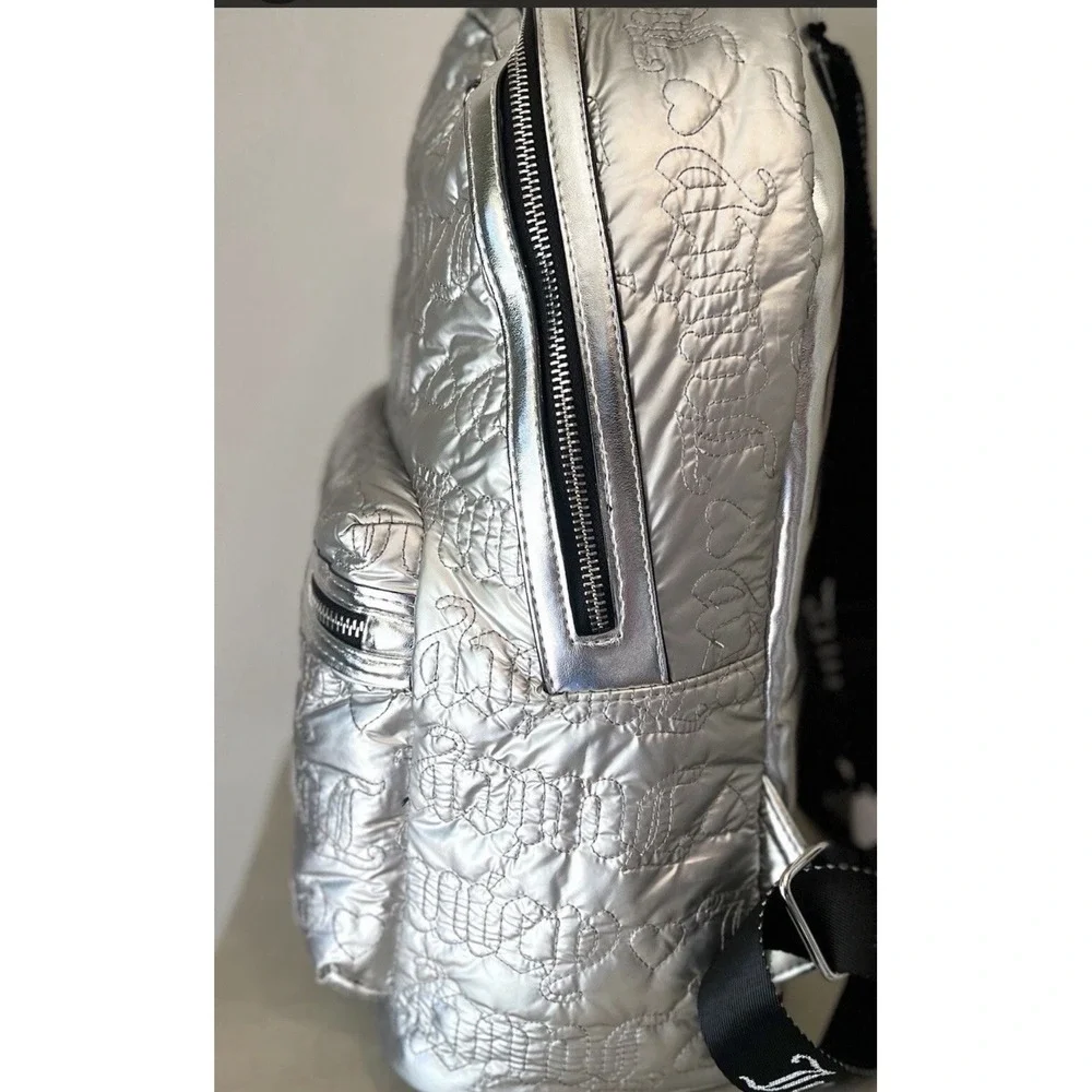 Juicy Couture Metallic Silver Quilted Logo‎ Backpack Rhinestone JC Heart Y2K NEW